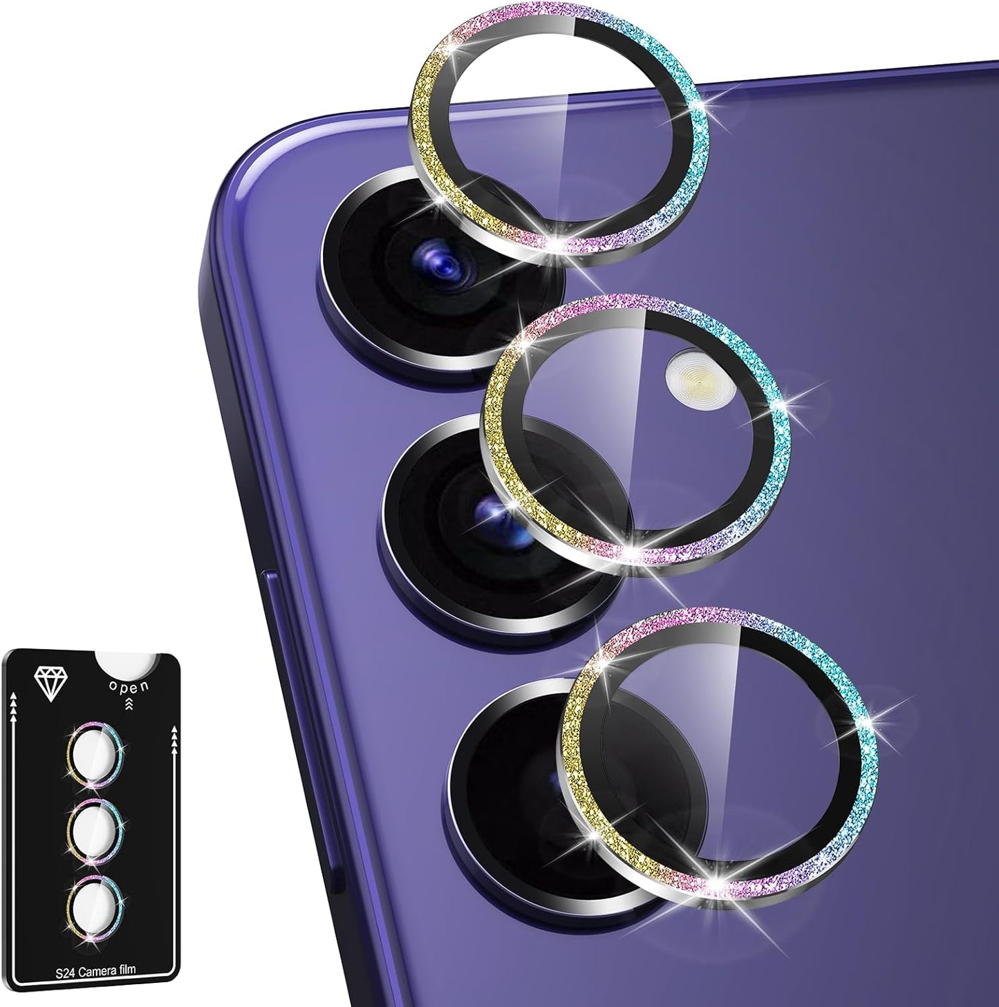 for Samsung Galaxy S24 Plus Camera Lens Protector, Individual Metal Ring Tempered Glass Lens Cover, [Strong Adsorption] Scratch Resistant Ultra-Thin HD Clear Lens Cover, 1 Set-Colorful Sparkly