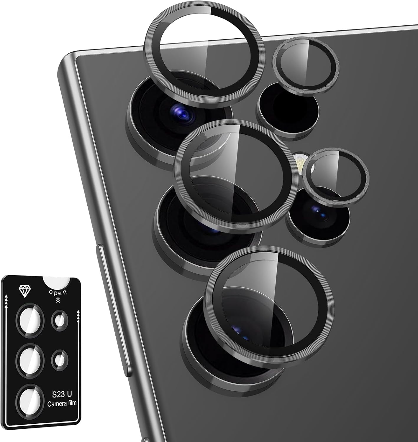 for Samsung Galaxy S23 Ultra Camera Lens Protector, Individual Metal Ring Tempered Glass Lens Cover, [Strong Adsorption] Scratch Resistant Ultra-Thin HD Clear Lens Cover, 1 Set-Black