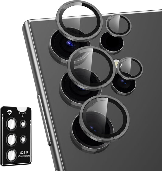 for Samsung Galaxy S23 Ultra Camera Lens Protector, Individual Metal Ring Tempered Glass Lens Cover, [Strong Adsorption] Scratch Resistant Ultra-Thin HD Clear Lens Cover, 1 Set-Black