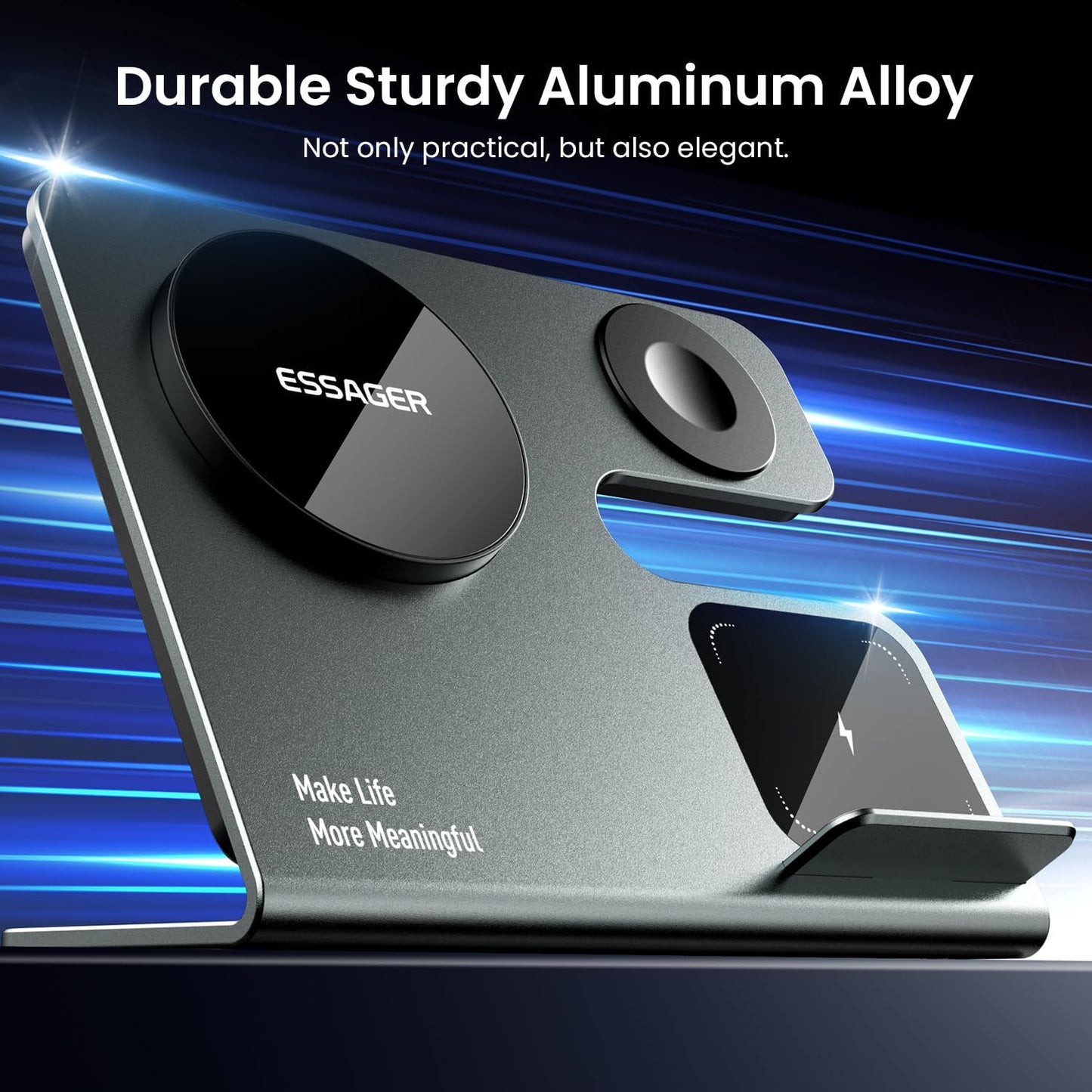3 in 1 Aluminum Alloy Magnetic Wireless Charging Station Compatible with iPhone 16/15/14/13/12 Series, ESSAGER 15W Wireless Charger Office Bedroom Table for Airpods 4/3/2/Pro, iWatch with 20W Adapter