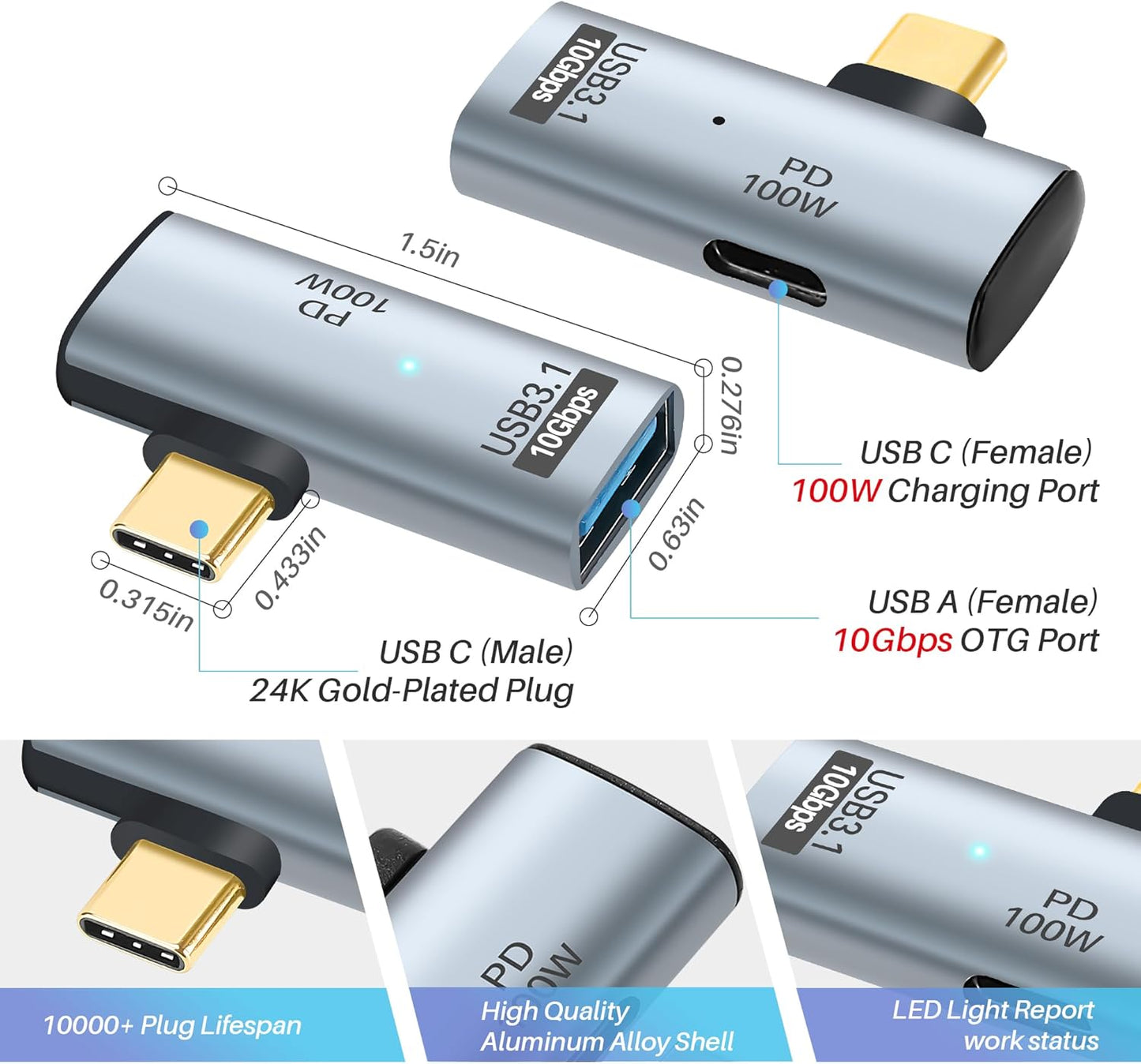 2-in-1 USB C 3.1 to USB 3.0 10Gbps Adapter with 100W Charging Port, USB Female to USB Type-C Male OTG (On The Go) Data Transfer Converter for iPhone 16/15 Series, MacBook, iPad and More Type C Devices