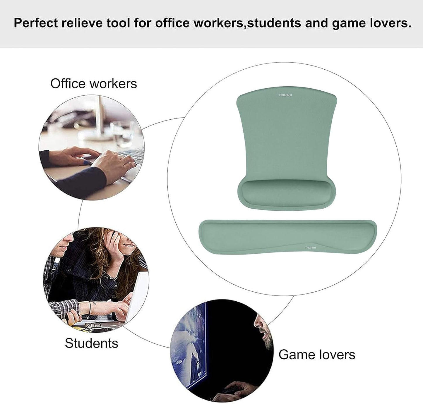 MOSISO Wrist Rest Support for Mouse Pad & Keyboard Set, Ergonomic Mousepad Non-Slip Base Home/Office Pain Relief & Easy Typing Cushion with Neoprene Cloth & Raised Memory Foam, Emerald Green