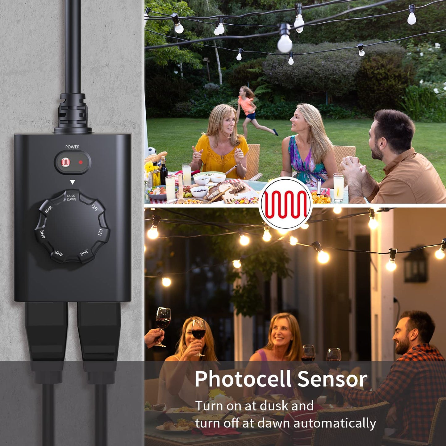 Minoston Outdoor Timer for Lights 2 Pack, Dusk Dawn Outdoor Timer Outlet 2, 4, 6, 8 Hour with 2 Grounded Outlets, Outdoor Light Timer Weatherproof for Halloween Christmas Light, ETL Listed, (MP41T)