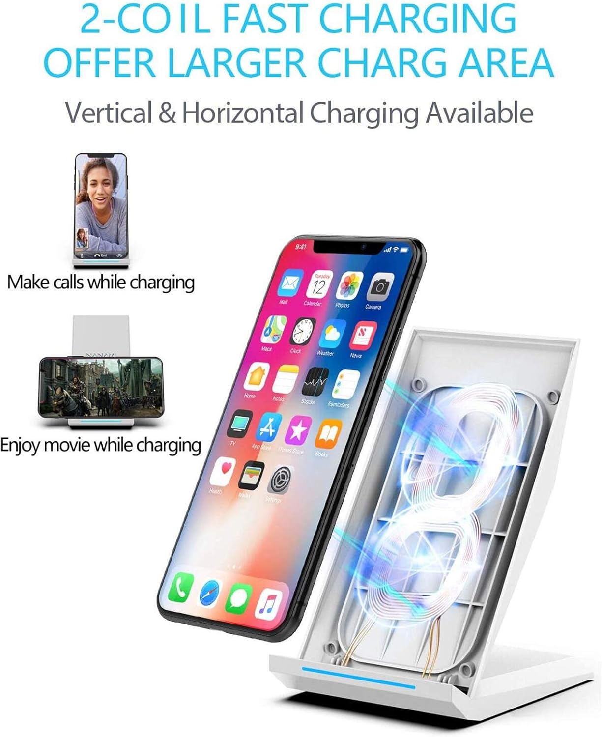 NANAMI Fast Wireless Charger, Qi Certified Charging Stand[with QC3.0 Adapter] 7.5W Compatible iPhone 16/16 Plus/16 Pro/16 Pro Max/15/14/13/12,10W for Samsung Galaxy S24/S23/S22/S21/S20/S10/S9/Note 20