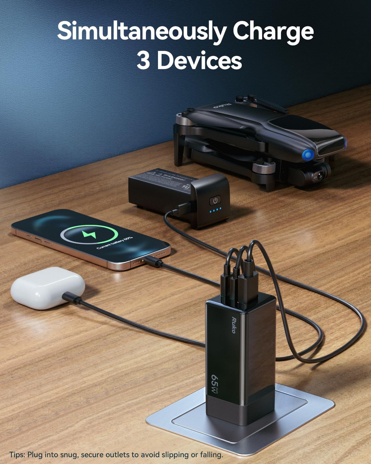 Ruko 65W USB C Charger, 3 Port Compact Foldable GaN Fast Charging Block Wall Charger for MacBook, Galaxy, Dell, Note, iPhone, iPad, Pixel and More (4ft USB-C Cable Included)