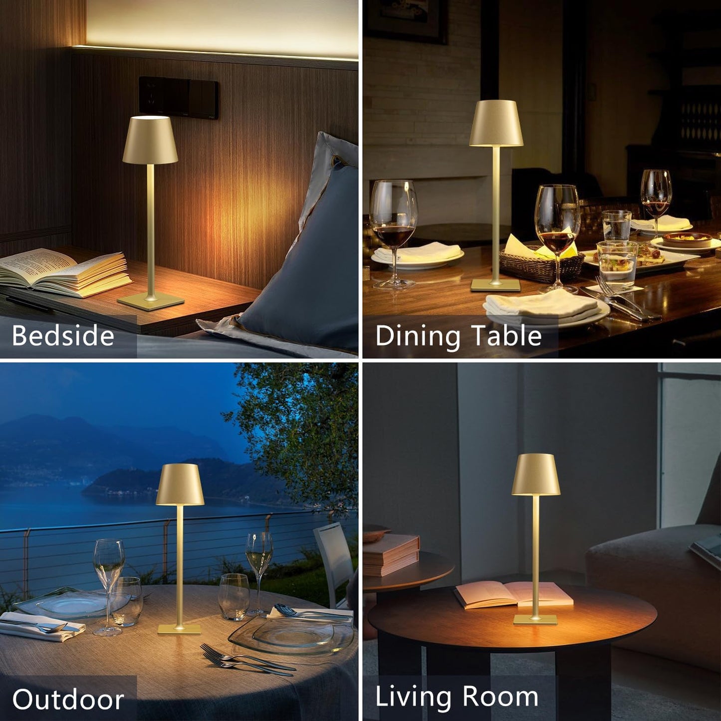 4 Pack Gold Cordless Table Lamps for Gifts, Portable Rechargeable Lamp, 6000mAh Battery Operated lamps, 3 Color Dimmable LED Table Light for Holiday, Christmas, Graduation Gifts, Teacher Gifts