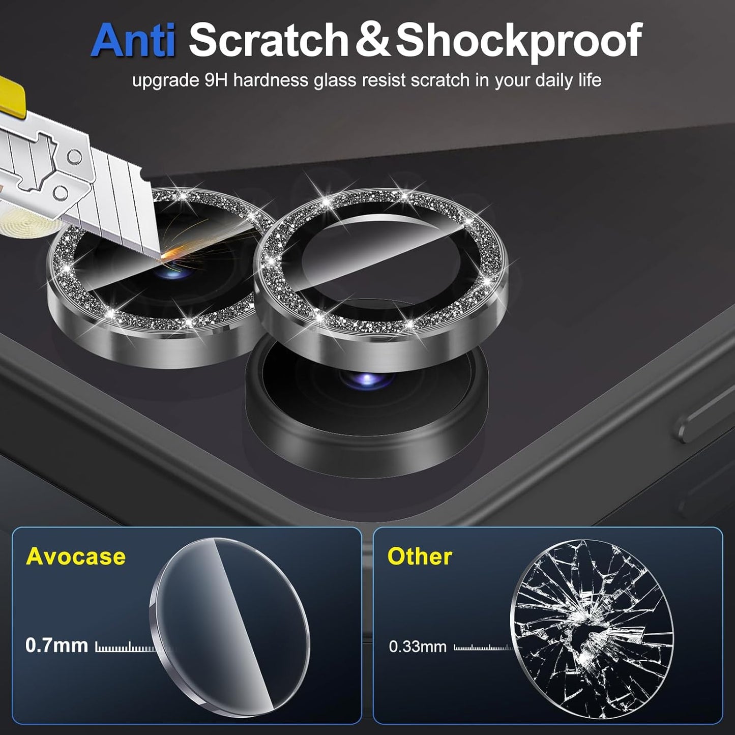 for Samsung Galaxy Z Flip 7 Camera Lens Protector, Individual Metal Ring Tempered Glass Lens Cover, [Strong Adsorption] Scratch Resistant Ultra-Thin HD Clear Lens Cover, 1 Set-Black Sparkly