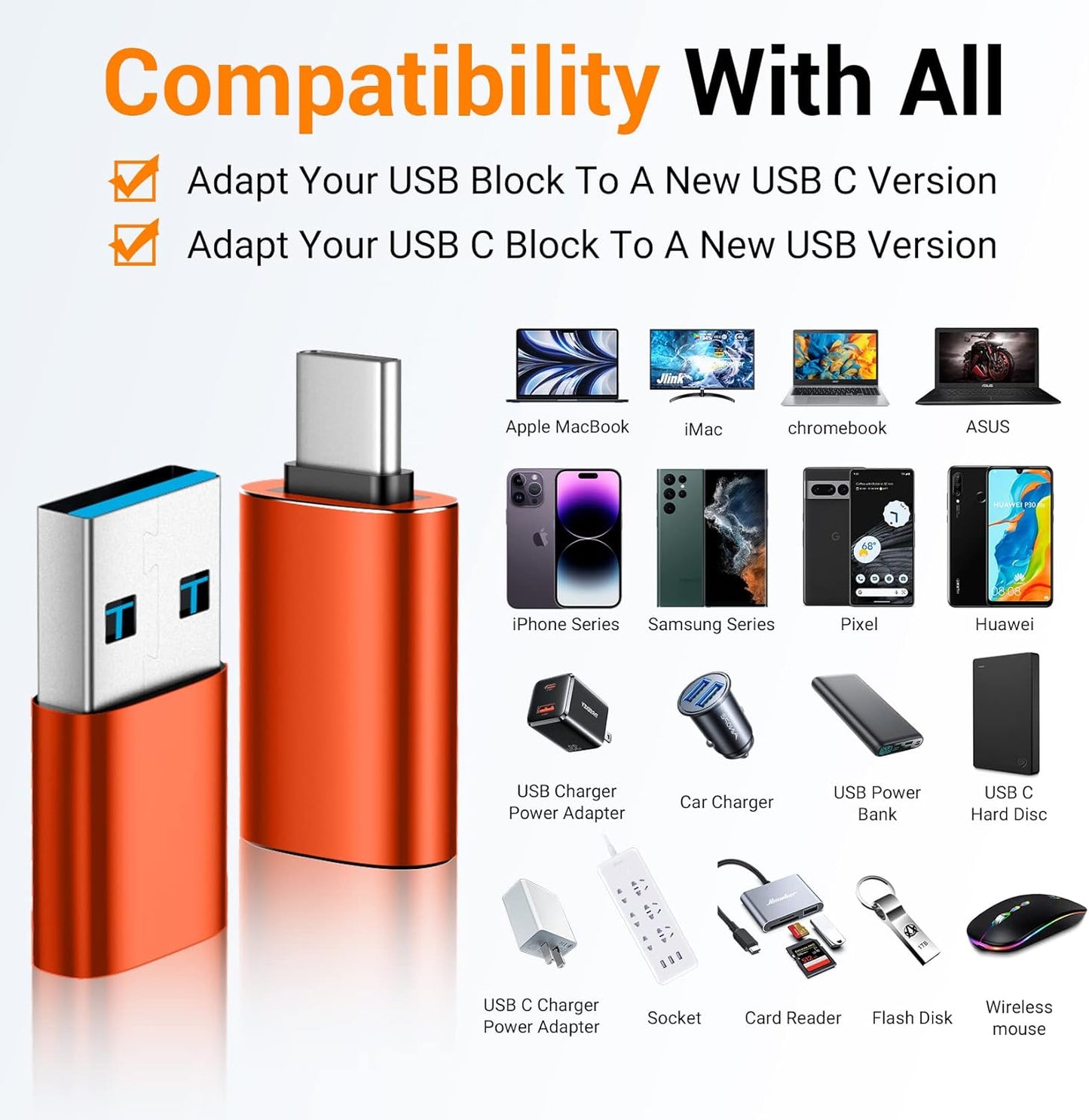 𝟒𝐏𝐚𝐜𝐤 𝐔𝐩𝐠𝐫𝐚𝐝𝐞𝐝 USB to USB C Adapter,USB C Male to USB 3.0 Female OTG Converter for iPhone 16 15 14 13 Plus Pro Max,Apple Watch,Airpods,S24 Ultra, Gender Changers OTG Adapters - Orange