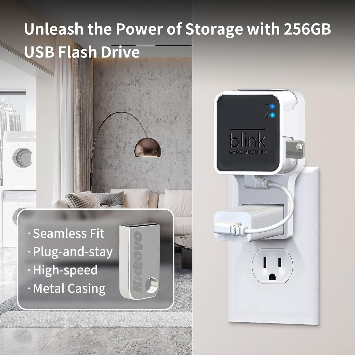 256GB USB Flash Drive & Outlet Wall Mount for Blink Sync Module 2 with Short Cable - Save Space - No Messy Wires - Easy Move Mount Bracket Holder for Blink Outdoor Indoor Security Camera (1 Pack)