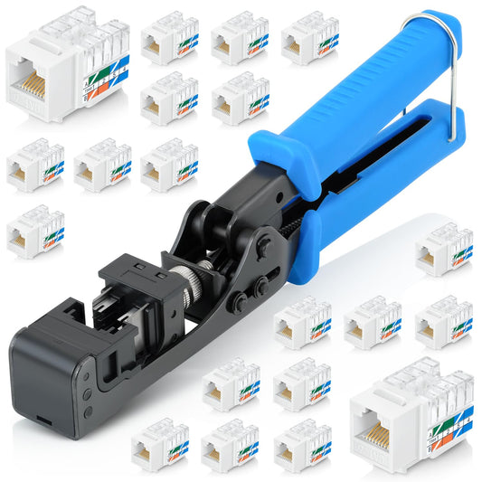 Everest easyJACK - 90° Angled Speed Termination Keystone Tool Set - with 20-Pack of RJ45 Cat6 Keystone Jacks in White (Slim Profile Design) - Time Saver Network Punch Down Tool Cat6