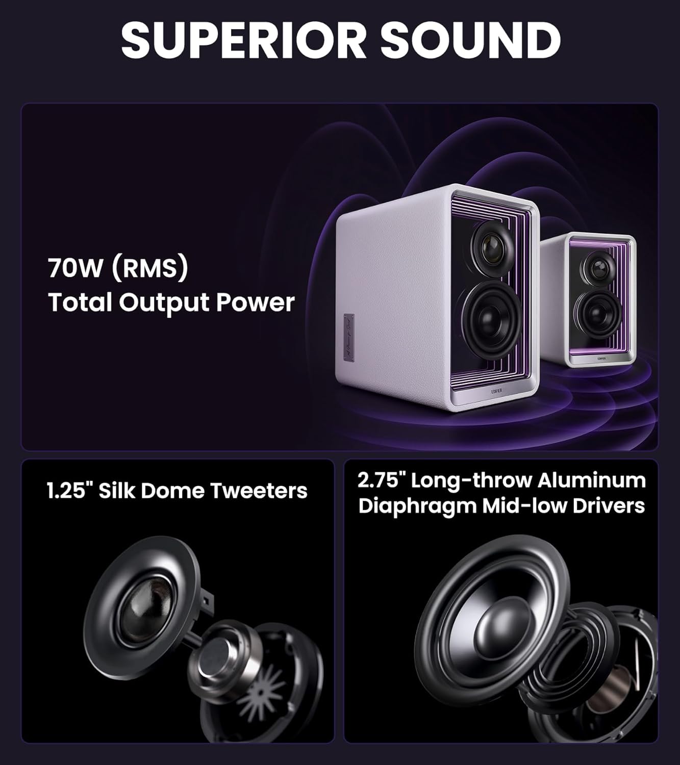 Edifier QR65 Desktop Active Monitor with 2.75" Long-Throw Aluminum Diaphragm mid-Low Drivers, Hi-Res Audio, Brilliant Light Effects, 70W Output Power Bluetooth Speakers with Stands - White