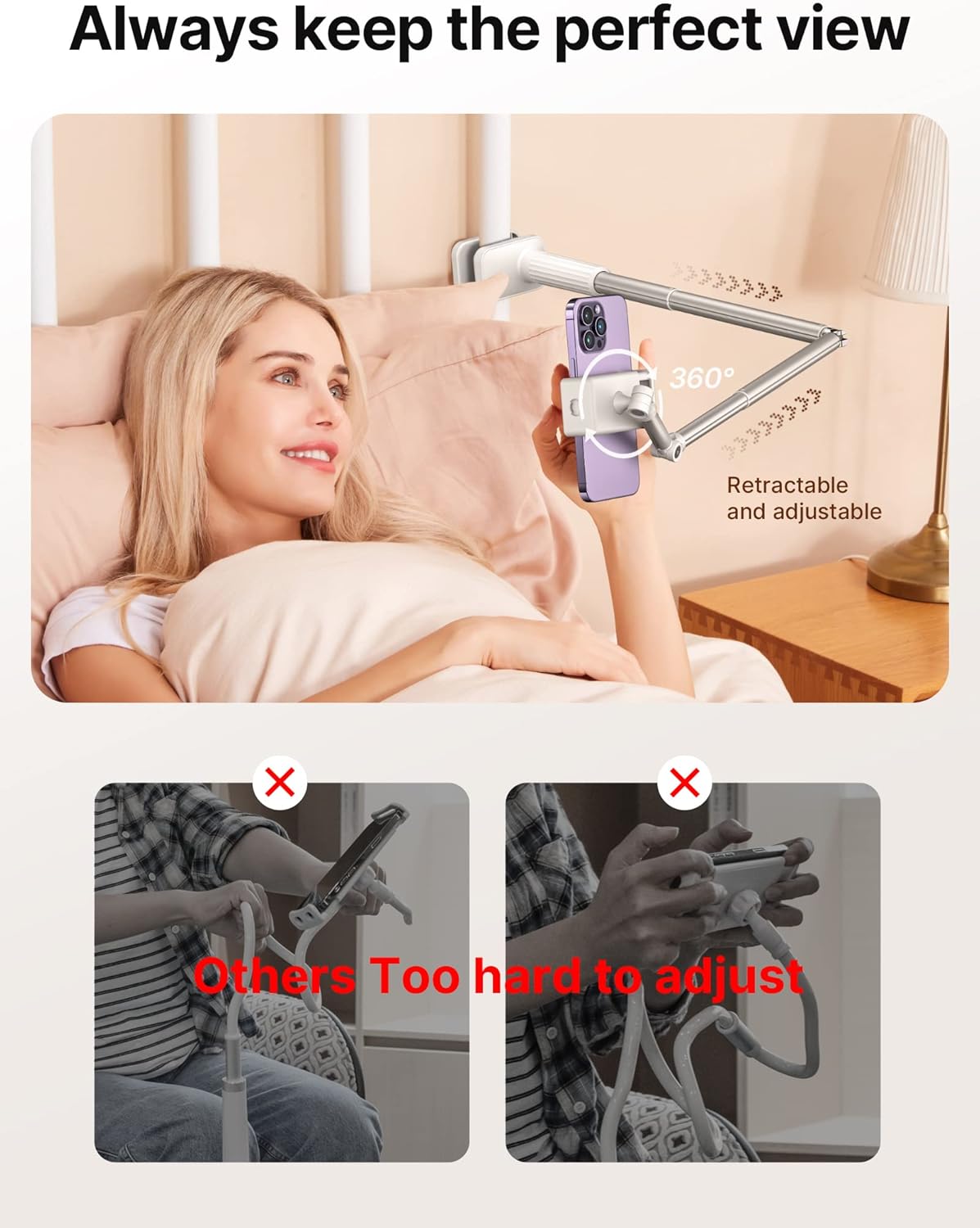 JSAUX Phone Holder for Desk and Bed Compatible with iPhone 16 15 14 13 12 Overhead Phone Mount Gooseneck Phone Stand Flexible 360 Lazy Long Arm Clamp Clip for Table Bedside [1-Pack, White]