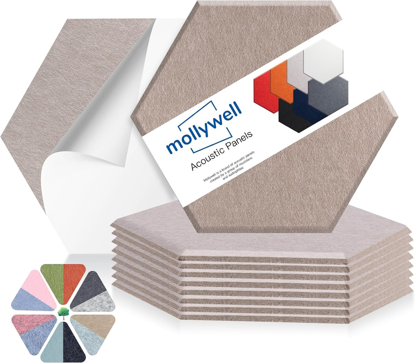 Mollywell Hexagon Acoustic Panels, High Density, Soundproofing, Decorative Noise Reduction Felt Wall Tiles for Ceilings, Home Office & Gaming Room (Dark Camel), 14x12x0.4 Inch