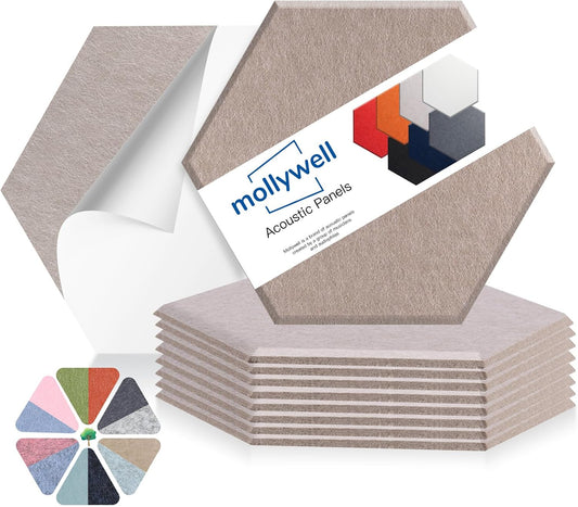 Mollywell Hexagon Acoustic Panels, High Density, Soundproofing, Decorative Noise Reduction Felt Wall Tiles for Ceilings, Home Office & Gaming Room (Dark Camel), 14x12x0.4 Inch