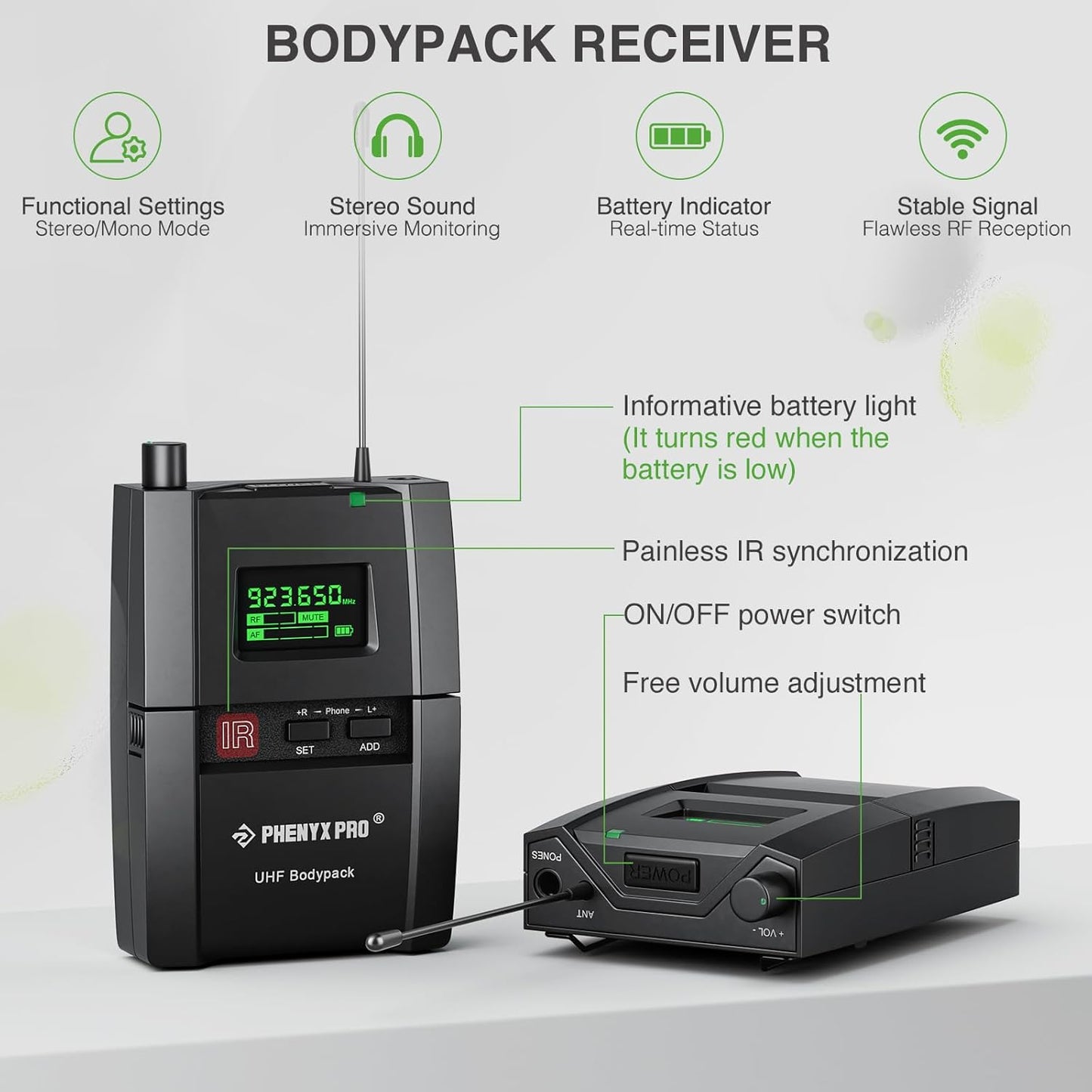 Phenyx Pro Wireless in Ear Monitor System, True Stereo UHF IEM, in Ear Monitors for Musicians, Metal Stage Monitor w/ 89 Frequencies, Rack Mount, for Studio/Band (2 Bodypacks with Transmitter)