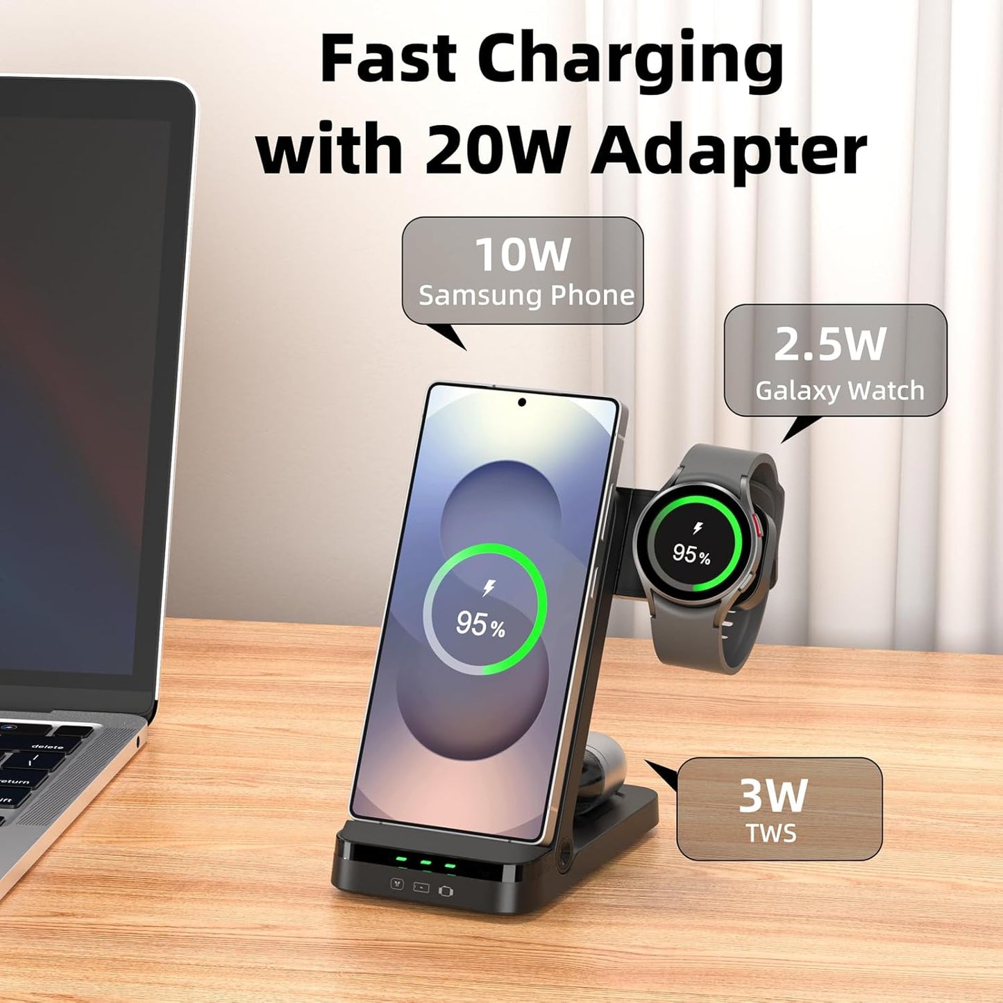 Wireless Charger for Samsung, 3 in 1 Wireless Charging Station for S25 S24 Ultra S23 S22 S21 Note Z Fold Android, Charger for Samsung Galaxy Watch 7 6 5 4 3 Pro Classic Galaxy Buds