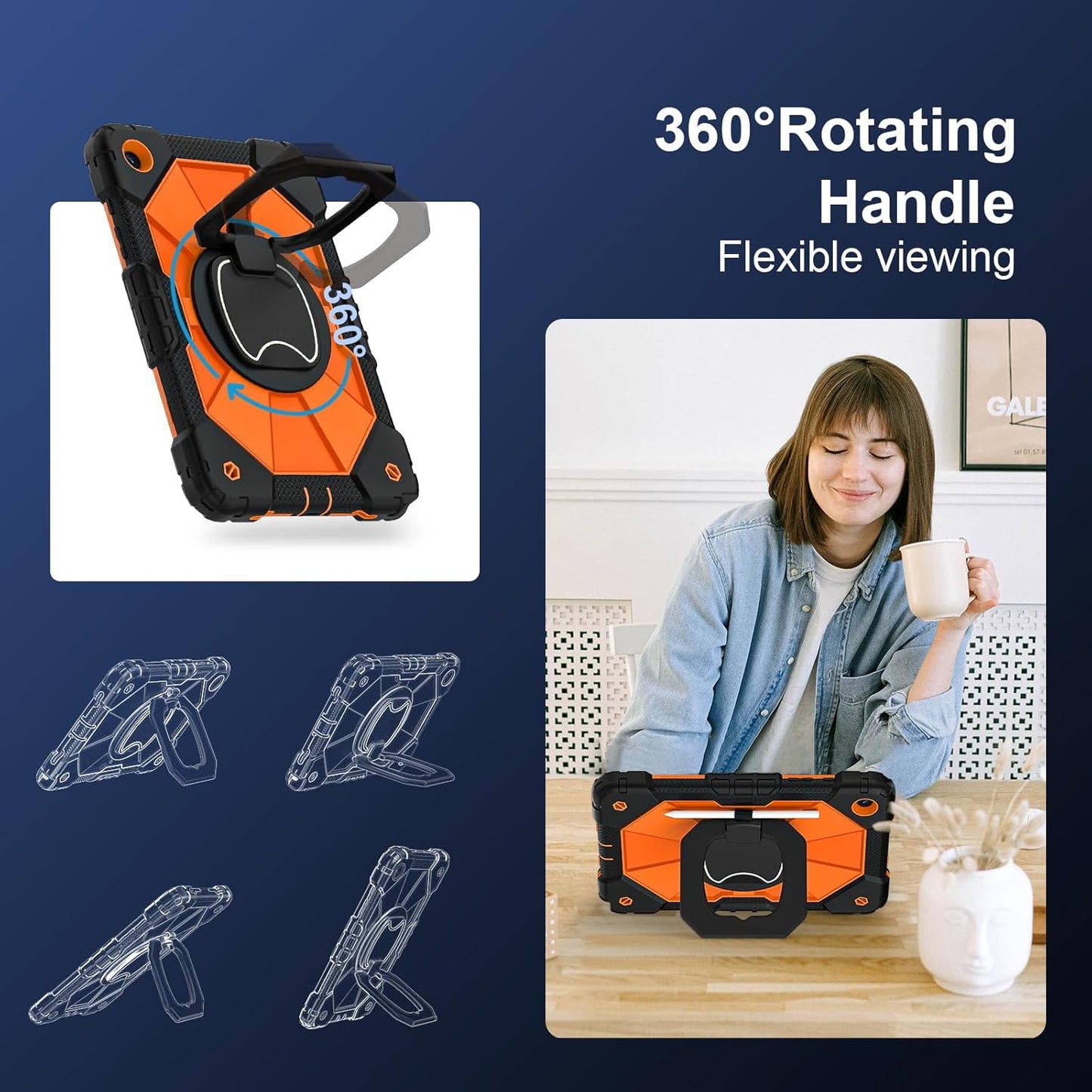 for Galaxy Tab A9 Plus Case 11 Inch, Rugged Case for Samsung Galaxy A9+ Tablet with Screen Protector 360 Rotating Stand Shoulder Strap Pen Holder, 2023 Model(SM-X210/X216/218), Black Orange