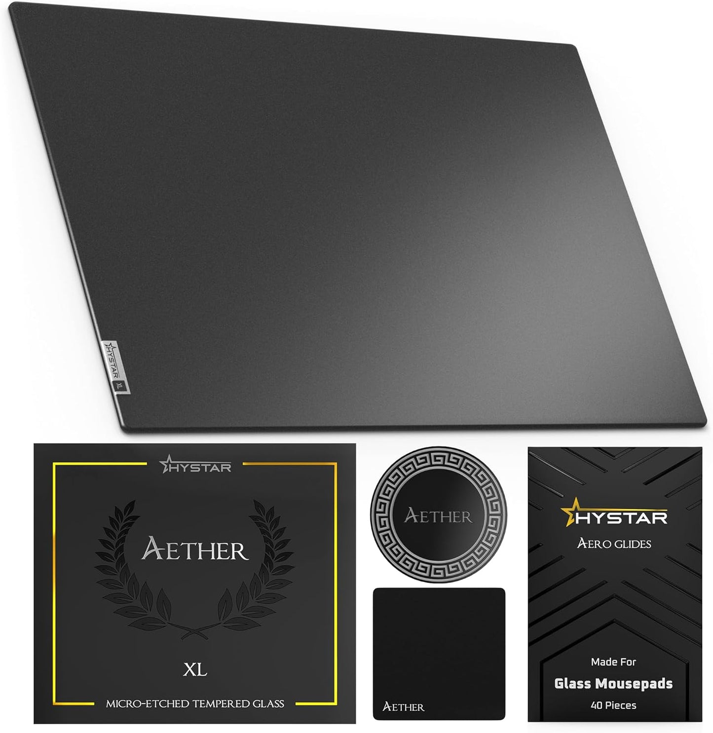 Hystar Aether Glass Gaming Mousepad | Micro-Etched Tempered Glass | Quiet, Ultra-Fast Glide | Full Anti-Slip Silicone Backing (Black, X-Large)
