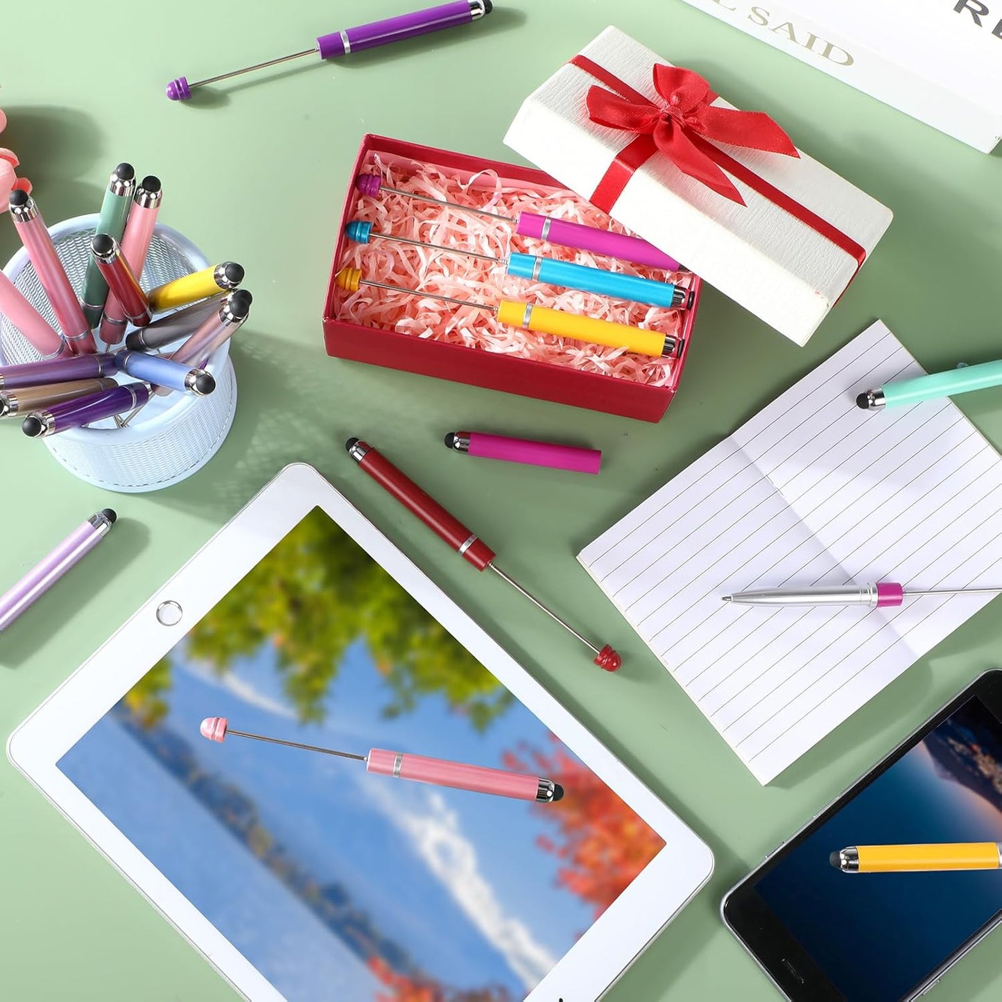 Qilery 30 Pcs Beaded Pens with Stylus Tips Plastic Beaded DIY Stylus 2-in-1 for Rubber Touch Screen Handwriting Ballpoint Pen 1.0mm, Black Ink, Office Supplies(Rainbow)