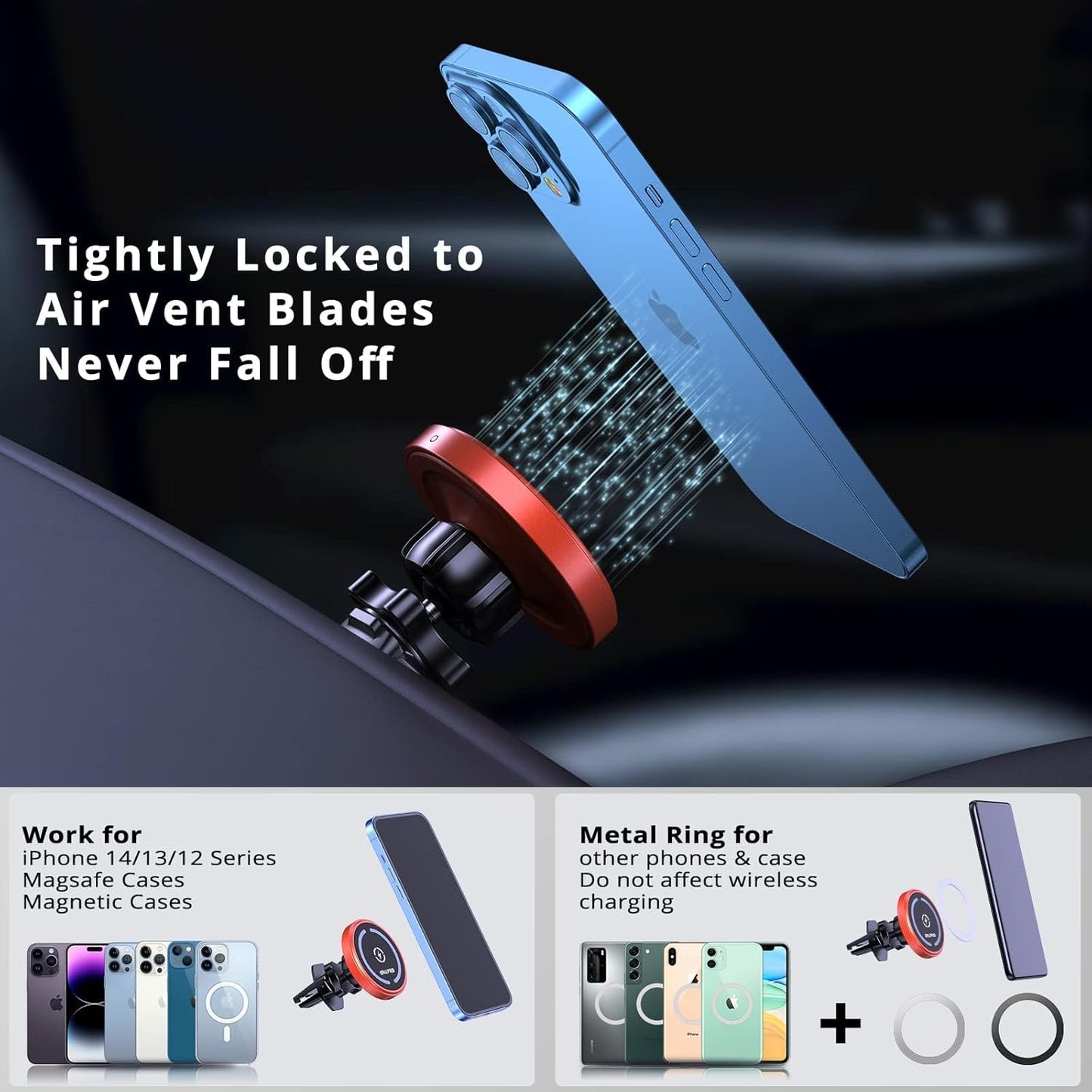 OHLPRO for iPhone 16 Magsafe Car Mount, Dashboard Magsafe Car Phone Holder Charger for 15 14 13 12 Pro/Pro Max/Plus/Mini,15W Fast Charging Vent Mount, Super Fashion & Hands Free, Red