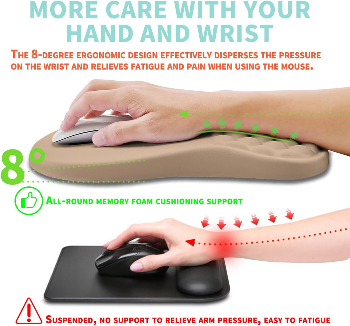 Ergonomic Mouse Pad Wrist Support with Memory Foam Massage Bulge, Carpal Tunnel Pain Relief Mousepad Wrist Rest for Mouse(12x8 inch, Sand Color)