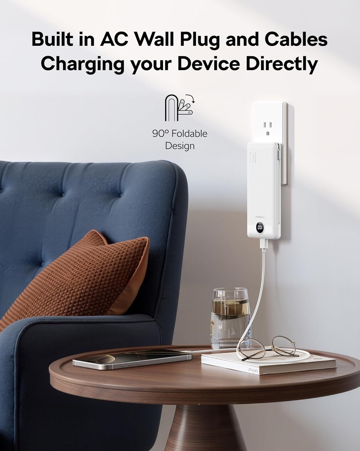 VEGER AC Wall Plug Portable Charger, 10000mah Slim Portable Charger Built in Cables, USB C Power Bank 15W Fast Charging, Travel Essential Battery Pack Compatible with iPhone, Android and More(Black)