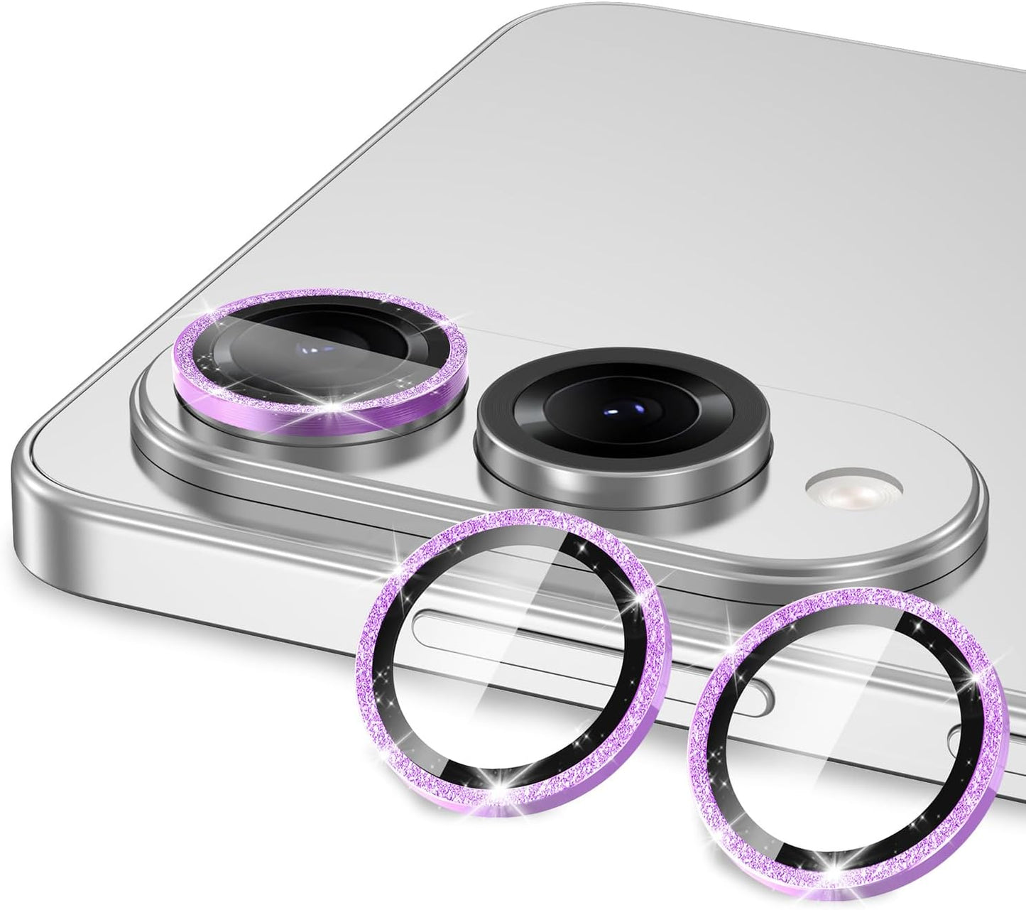 for Samsung Galaxy S25 Edge Camera Lens Protector, Individual Metal Ring Tempered Glass Lens Cover, [Strong Adsorption] Scratch Resistant Ultra-Thin HD Clear Lens Cover, 1 Set-Purple Sparkly