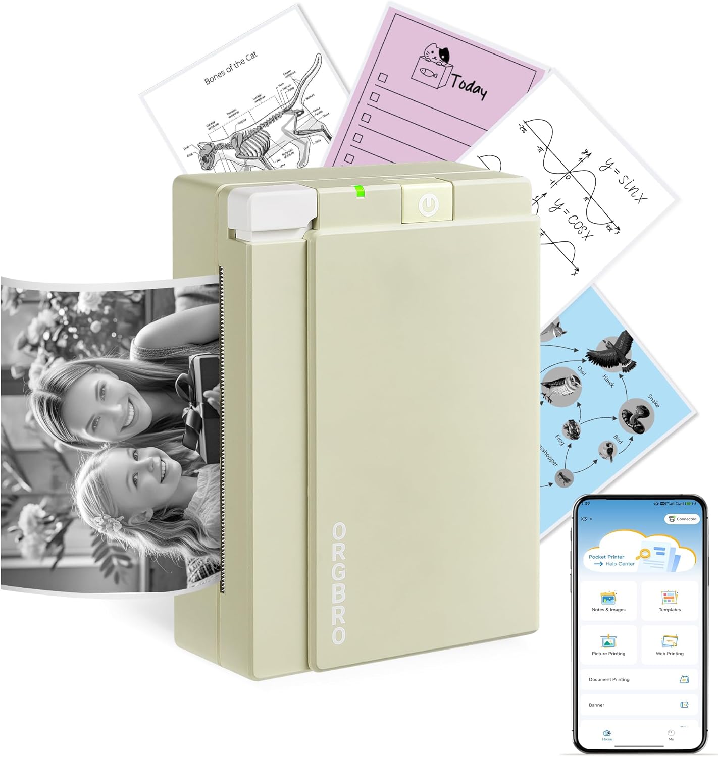 ORGBRO Sticker Printer Machine, X3 Mini Printer Print Pods Portable Thermal Inkless Sticker Maker, 3-Inch 300 DPI Bluetooth Pocket Printers for Smartphones, Notes, Journal, Photos, DIY, Kids Gift