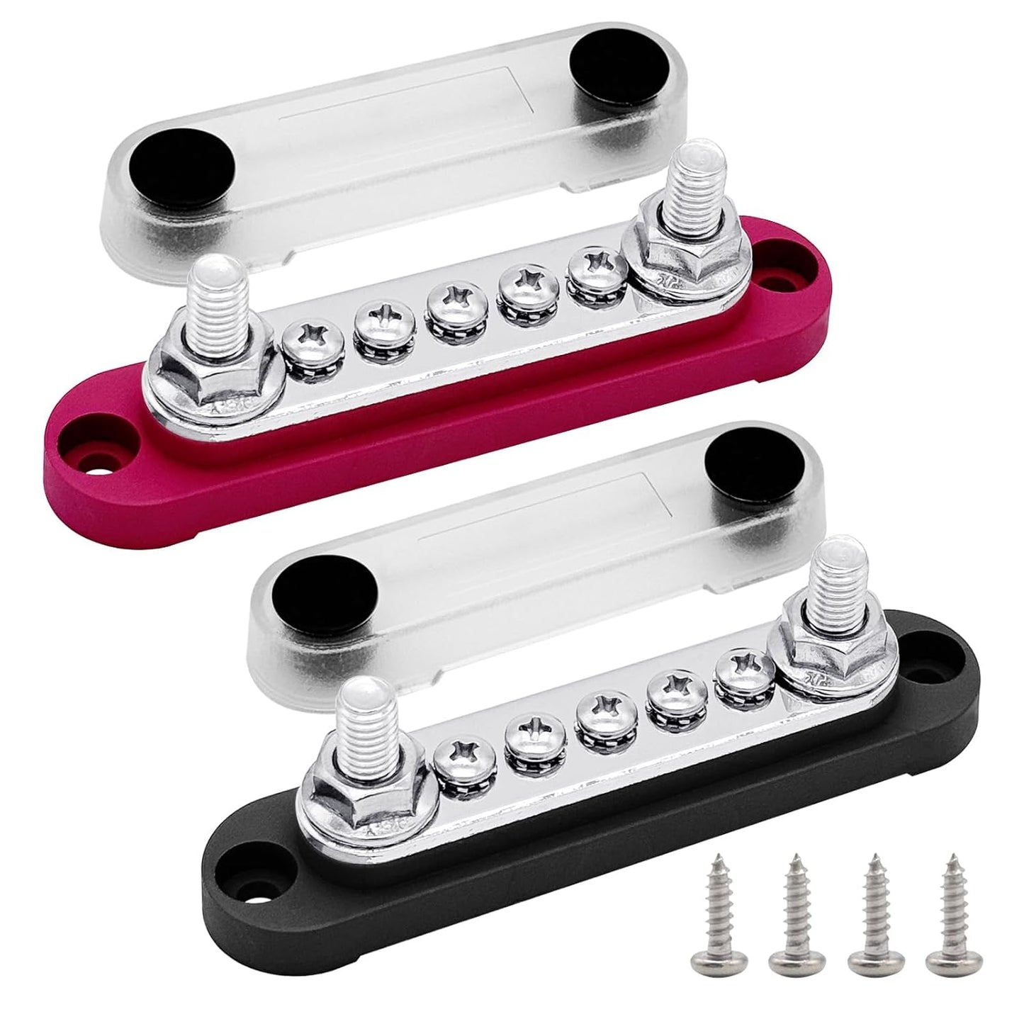 2 x M8 (5/16") Power Distribution Block Bus Bar 12V with 5 x M4 (#8) Screws, Ampper 4.3" 200A Marine BusBar Battery Distribution Block W/Cover for Car Boat Solar (Red & Black)