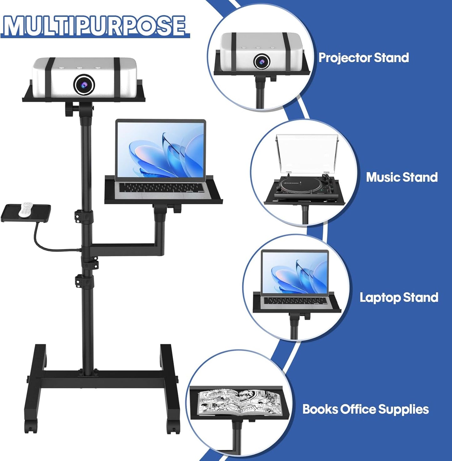 2 Shelves Mobile Projector Stand, Rolling Laptop Stand Adjustable Height to 47 Inches, Podium Stands with Ventilated Tray, Heavy Duty, Laptop Floor Stand for Office, Home, Stage, DJ