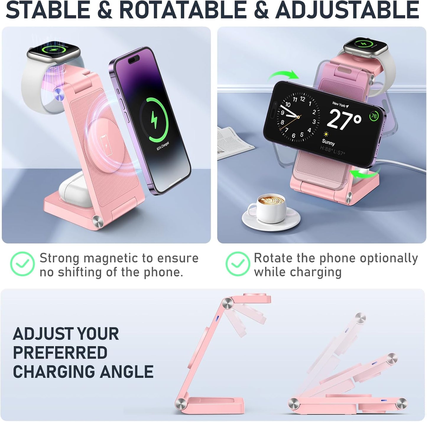 Magnetic Wireless Charger Stand, 3 in 1 Foldable Wireless Charging Station, Travel Charger for Multiple Devices for iPhone 16 15 14 13 12 Series, Apple Watch Ultra/SE/9/8/7/6/5/4/3/2, AirPods