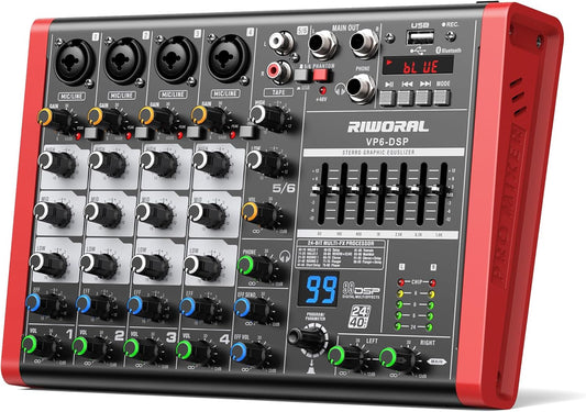 6 Channel Audio Interface DJ Mixer With 99 DSP Effects XLR 1/4 inch Jack USB Bluetooth Echo Delay Effect, Input 48V Phantom Power Stereo DJ Mixers for Recording, Live Streaming, Podcasting