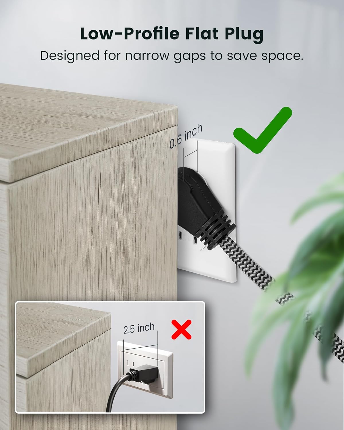 SURAIELEC 10FT 360° Rotating Flat Plug Extension Cord Flat Wall Plug with 3 Outlets, Braided Flat Black Extension Cord for Indoor Use, Small Space, 16/3C SPT, ETL Listed