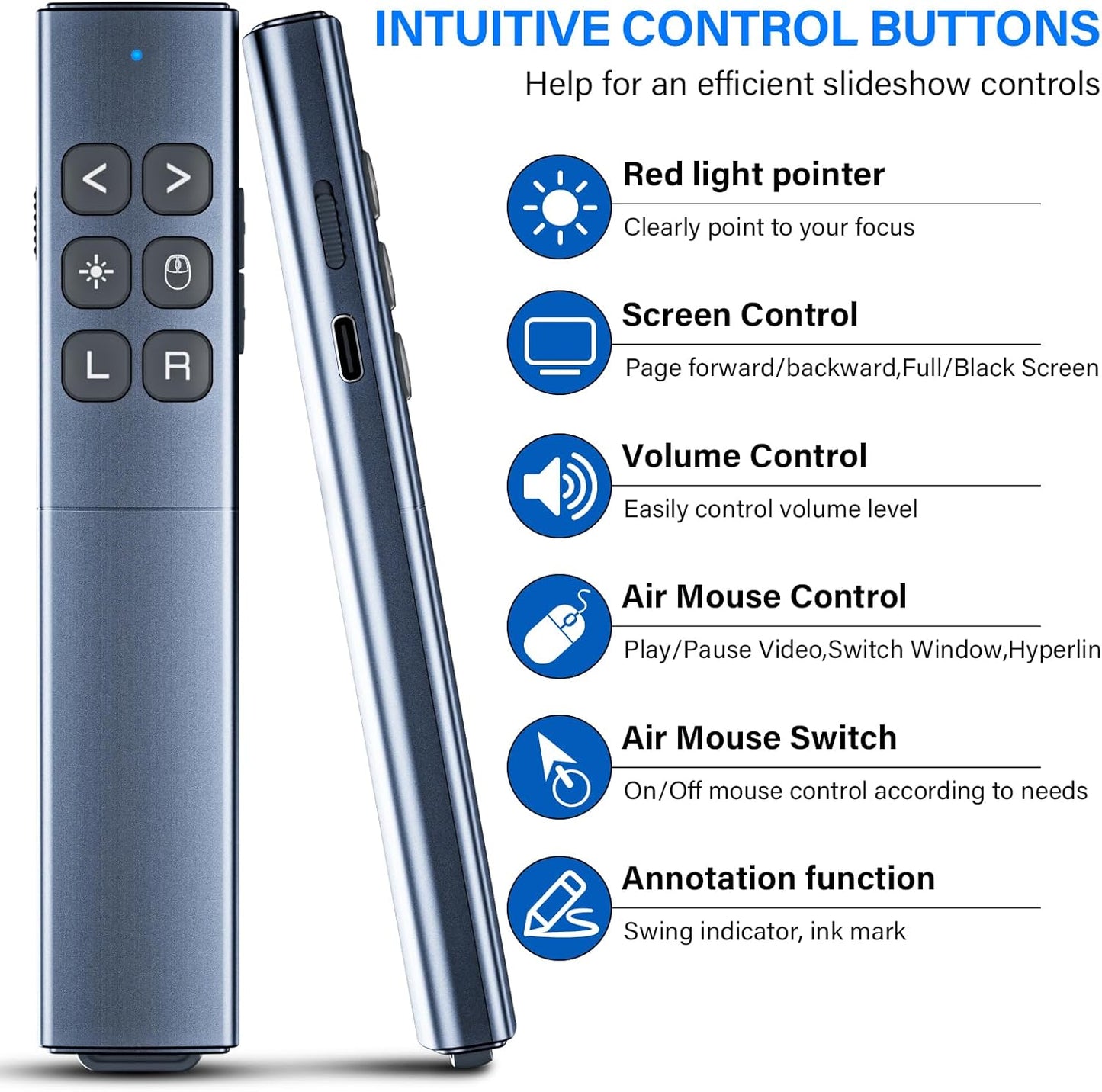 Presentation Clicker with Air Mouse - USB C Wireless Presenter Remote Clicker with Laser Pointer, RF 2.4GHz PowerPoint Clicker for Presentation, Computer Pointer Clicker Slide Advancer for Mac,Laptop