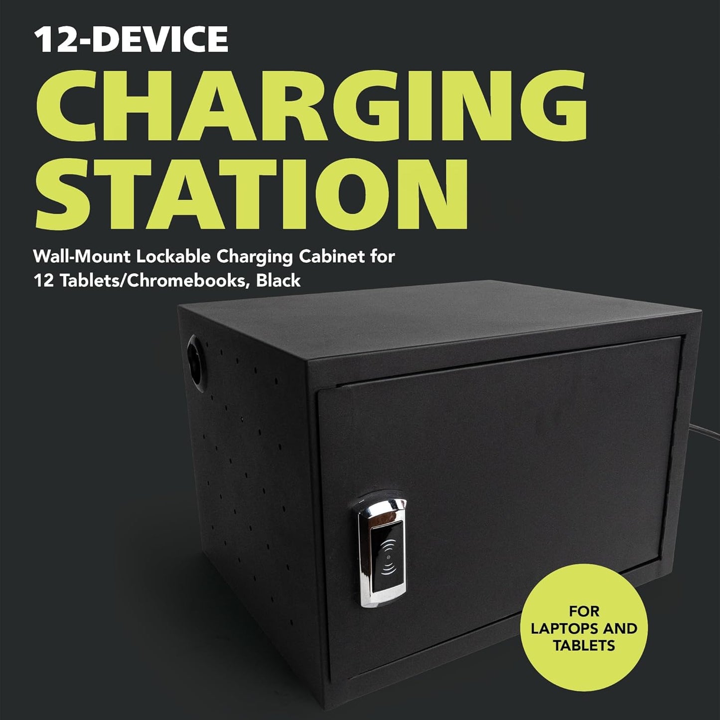 Pearington 12-Device Charging Station for Laptops and Tablets, Wall-Mount Lockable Charging Cabinet for 12 Tablets/Chromebooks, Black
