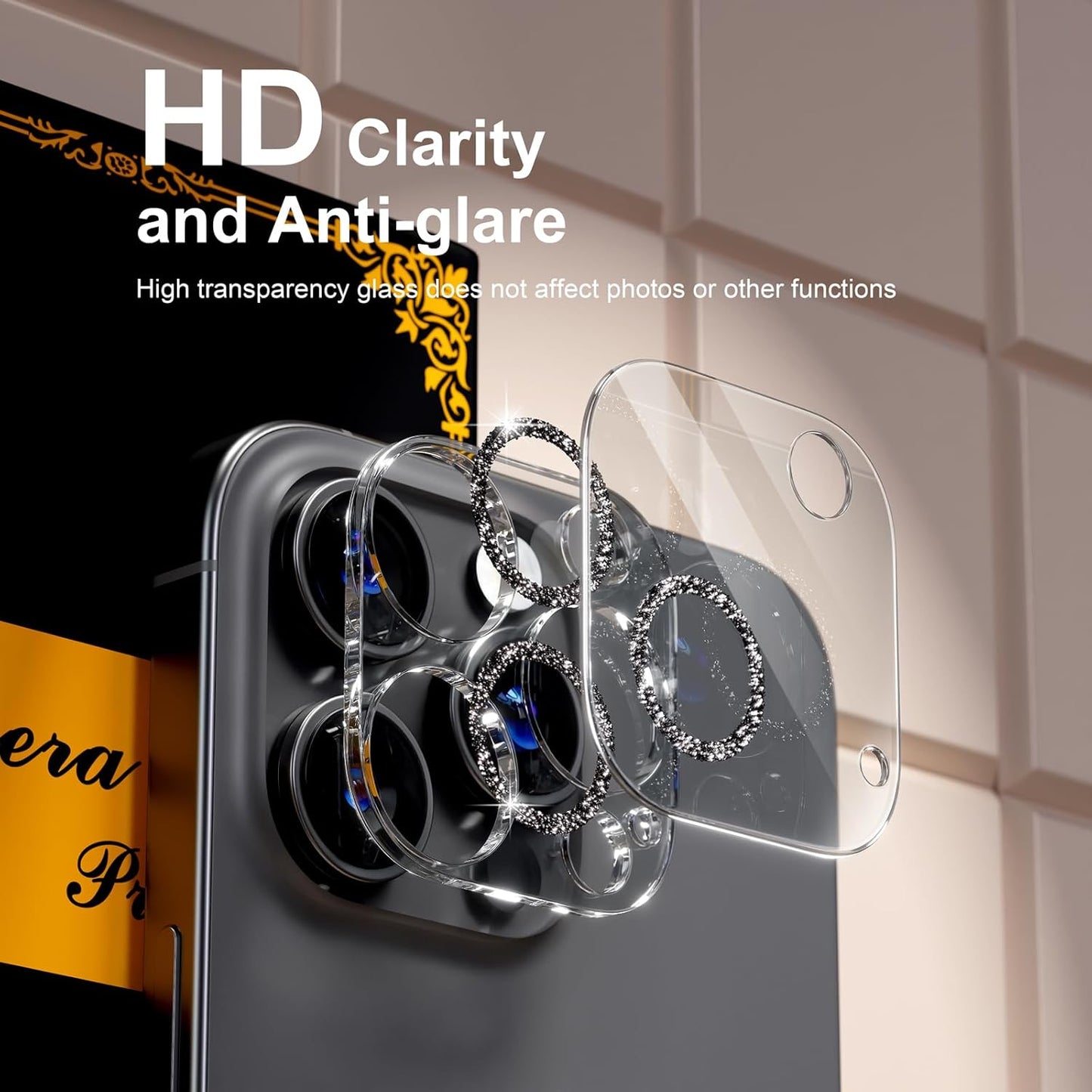 beuxece for 6 Pack iPhone 15 Pro/iPhone 15 Pro Max Camera Lens Protector [Drop Protection] [Case Friendly] [Easy Installation] 9H Tempered Glass Camera Screen Protector Cover, Glitter Black