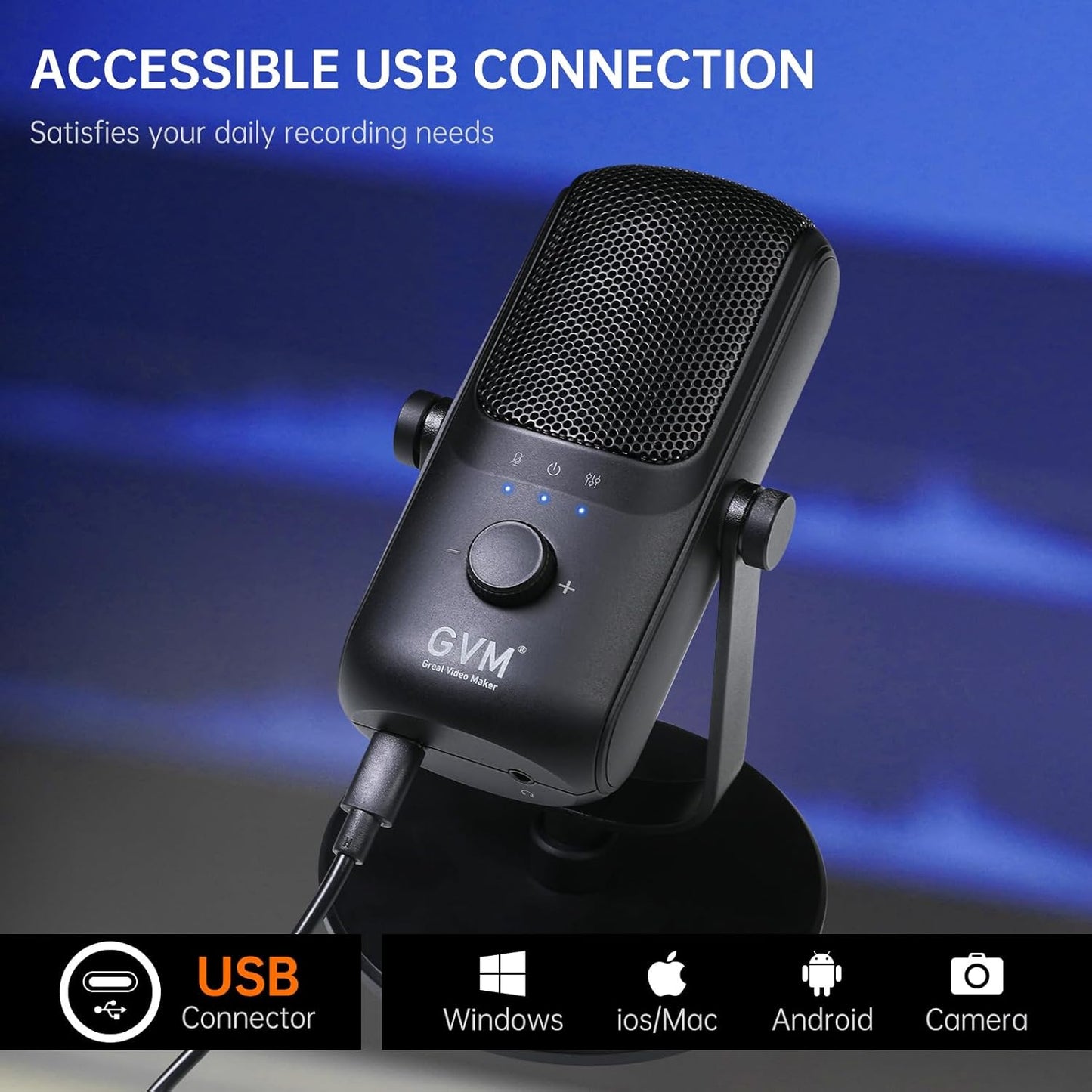 GVM Condenser Microphone, USB Type-C Podcast Recording Microphone for Vocal Voice-Over Streaming Studio Metal Mic with Mic Mute Headphone Jack Monitoring Volume Control Vocal Mic for Singing YouTube