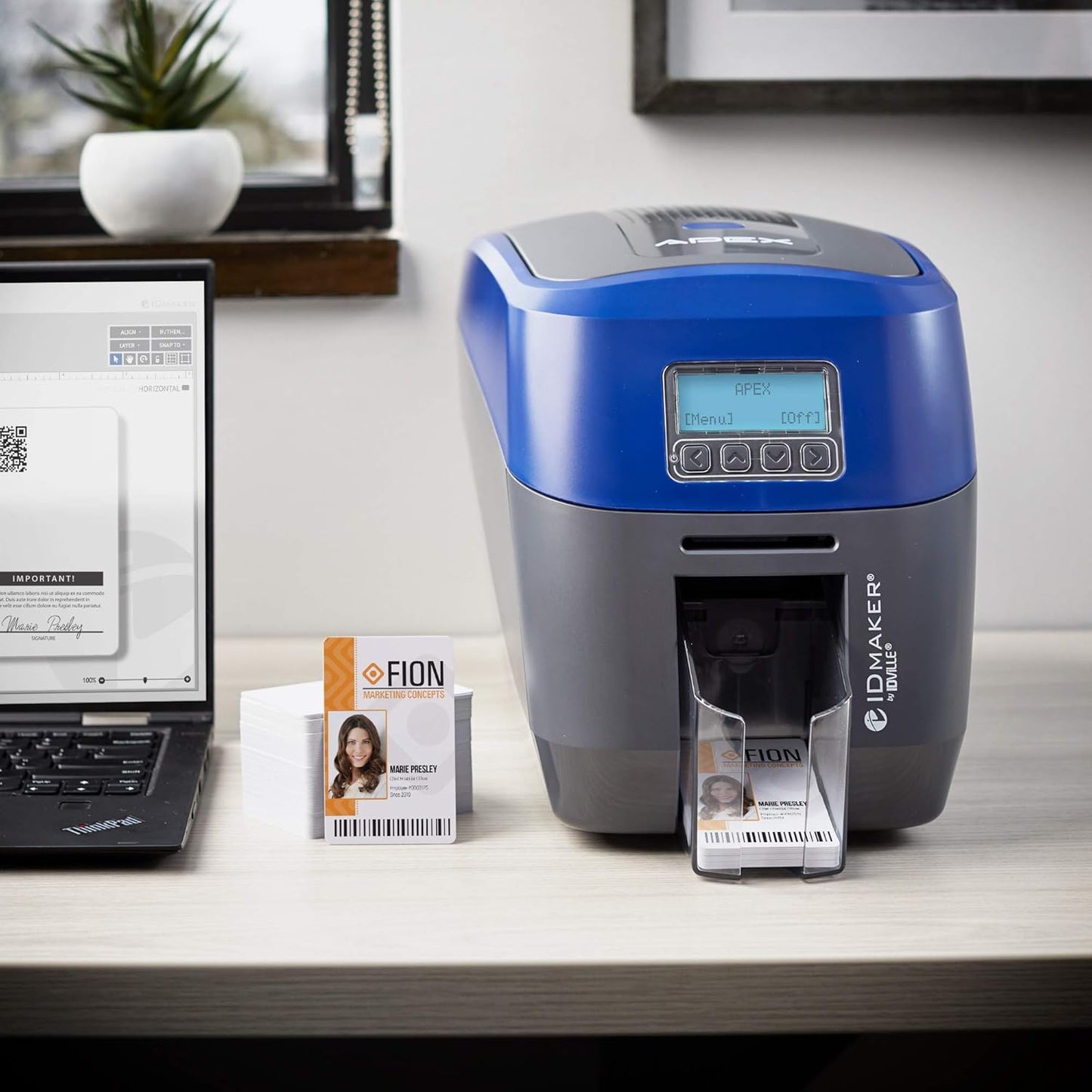 ID Maker Apex 2 Sided Card Printer Machine & Supply Kit for Badge Printing - Print Professional Quality Identification Badges - IDMaker Software, 300-Print Color Ribbon, 100 PVC Cards