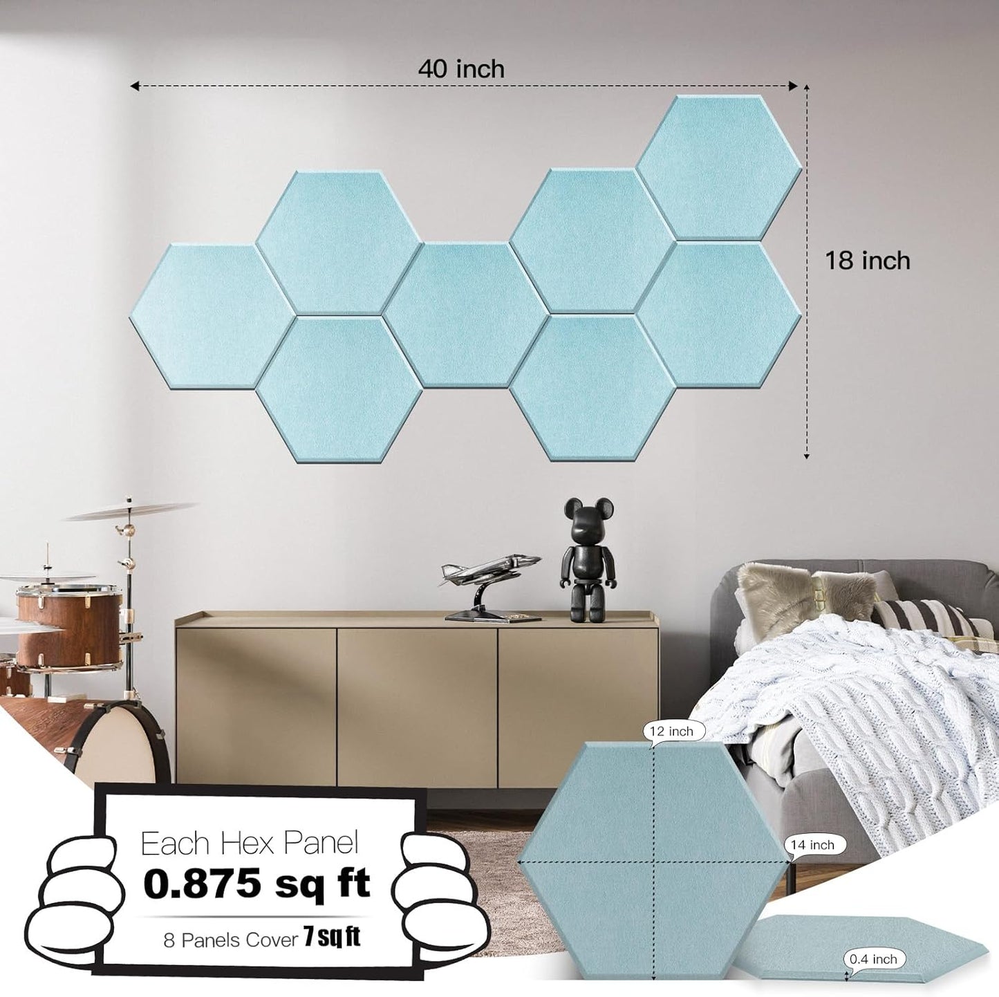 Mollywell Hexagon Acoustic Panels, High Density, Soundproofing, Decorative Noise Reduction Felt Wall Tiles for Ceilings, Home Office & Gaming Room (Smoke Green), 14x12x0.4 Inch