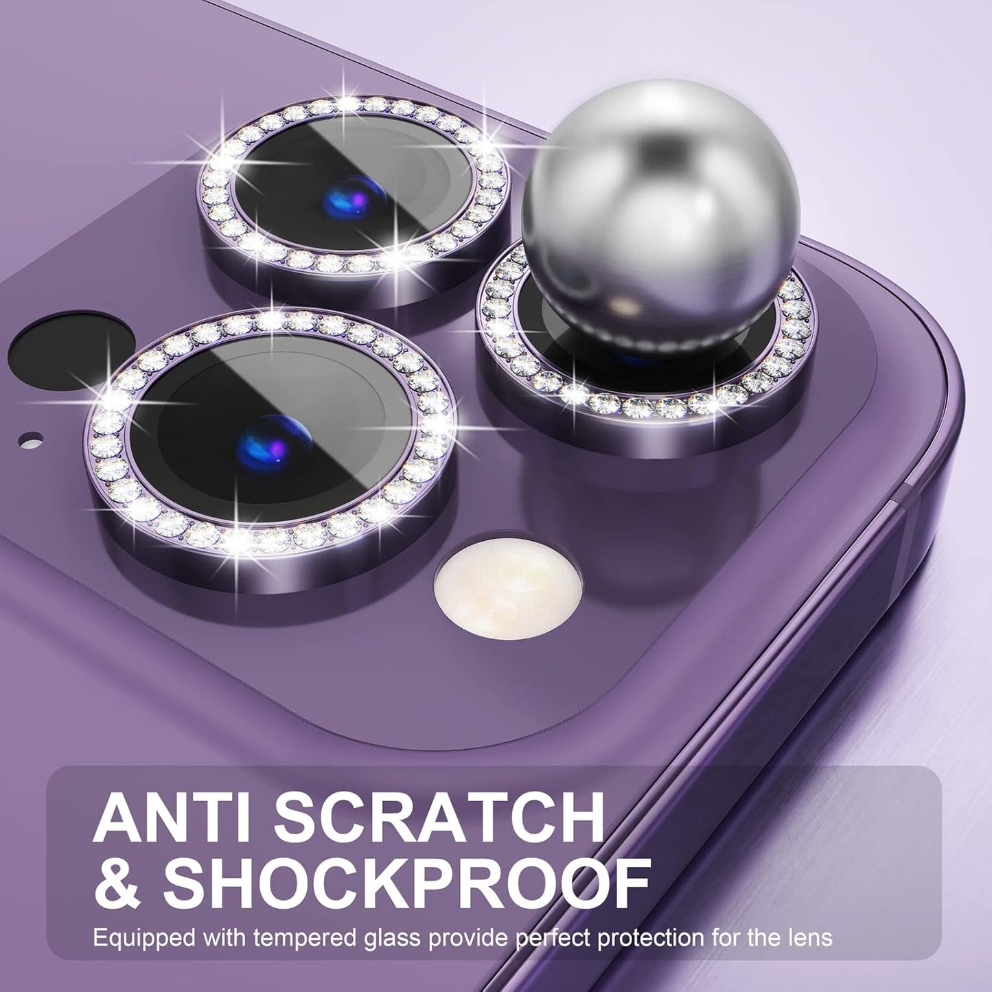 Choiche [3+1 for iPhone 14 Pro/iPhone 14 Pro Max Camera Lens Protector Bling, 9H Tempered Glass Camera Cover Screen Protector Metal Ring Decoration Accessories (Diamond-Purple)