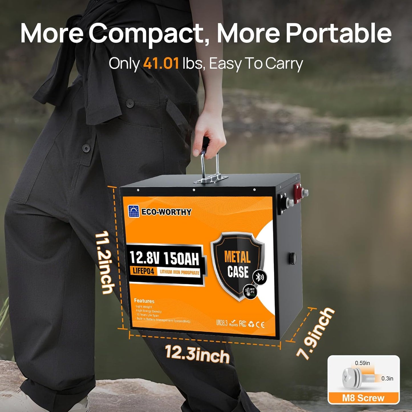 ECO-WORTHY 12V 150Ah Metal Case LiFePO4 Lithium Battery with Bluetooth, Low-Temp Protection, Rechargeable Deep Cycle Battery with 120A BMS, Ideal for Solar, RV, Camper, Marine, Trolling Motor