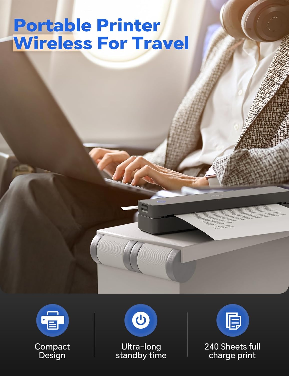 Portable Thermal Printer for Travel - 300DPI Mobile Inkless Printers, Wireless Small Printer for Home Use, Office, Vehicles, Bluetooth Printers Supports 8.5" x 11" US Letter & A4 & A5 Size, Black