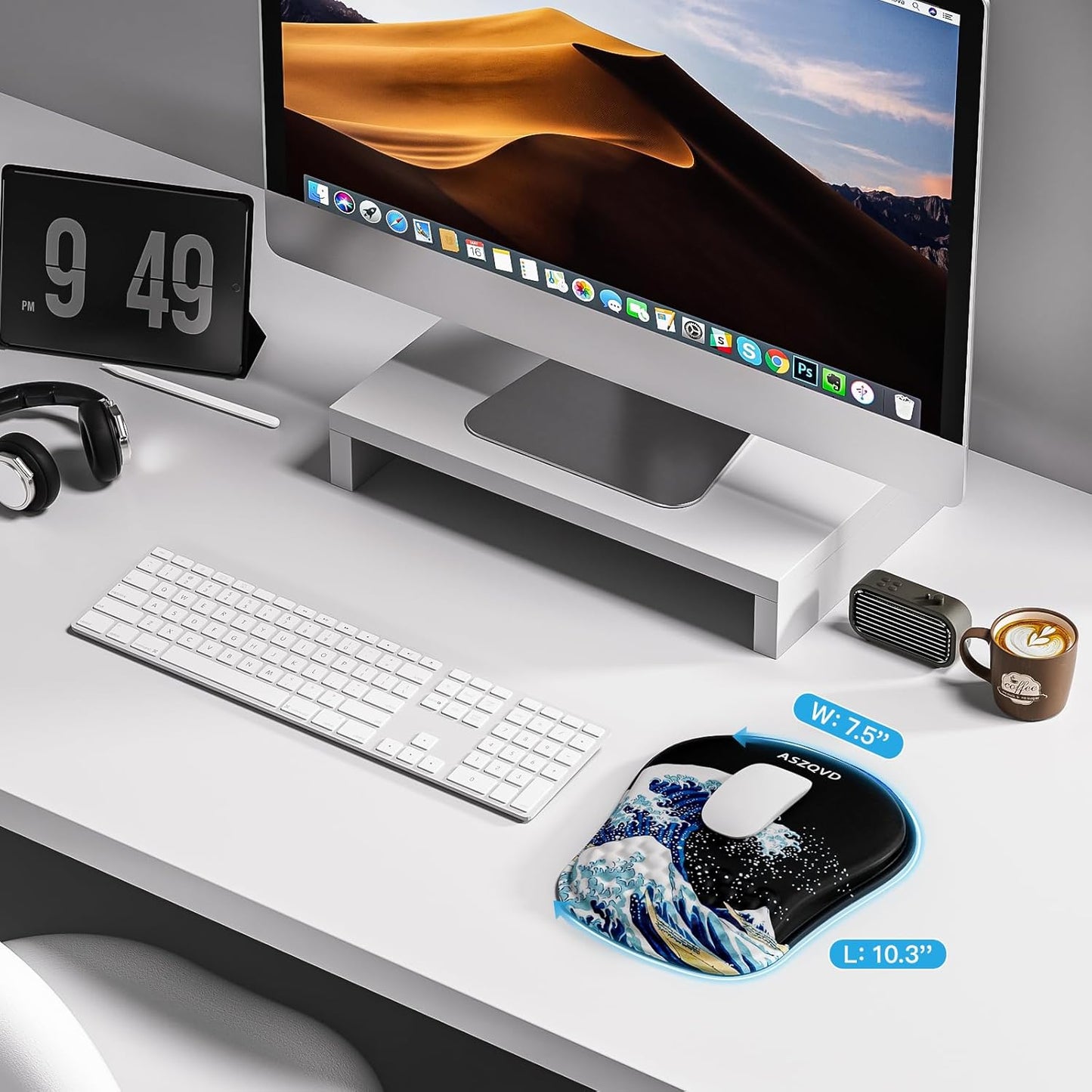 Mouse Pad with Wrist Rest, Ergonomic Mousepads with Wrist Support, Soft Lycra Fabric Memory Foam Office Desk Accessories for Comfort/Pain Relief/PC Gaming/Computer/Laptop (Black Kanagawa)