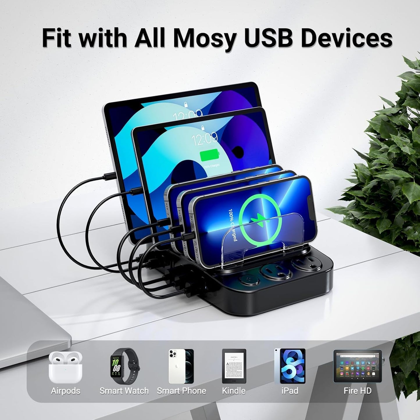 Catlyn Charging Station for Multiple Devices, 8 Port Charger Stations with 6 Mixed Charger Cables Organizer Dock,Compatible for Cell Phone,Tablet, Kindle, iPhone iPad for Family Home