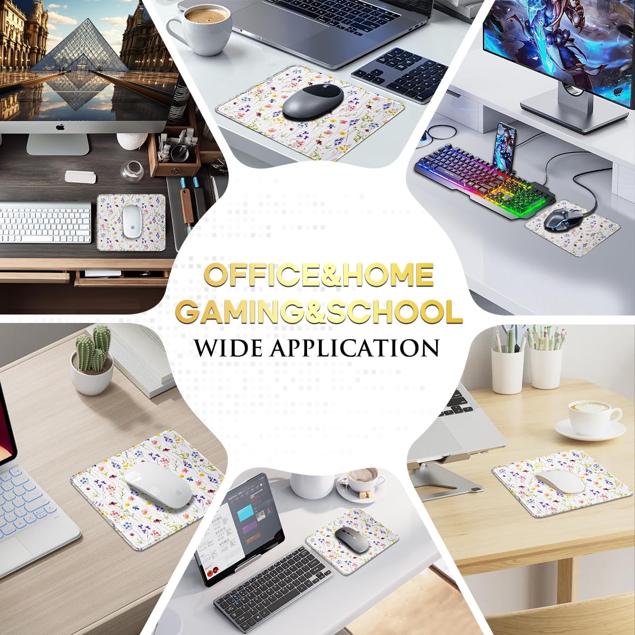 JIKIOU 3 Pack Mouse Pad with Stitched Edge, Comfortable Mouse Pads with Non-Slip Rubber Base, Washable Mousepads Bulk with Lycra Cloth, Mouse Pads for Computers Laptop Mouse 10.2x8.3in White Flowers