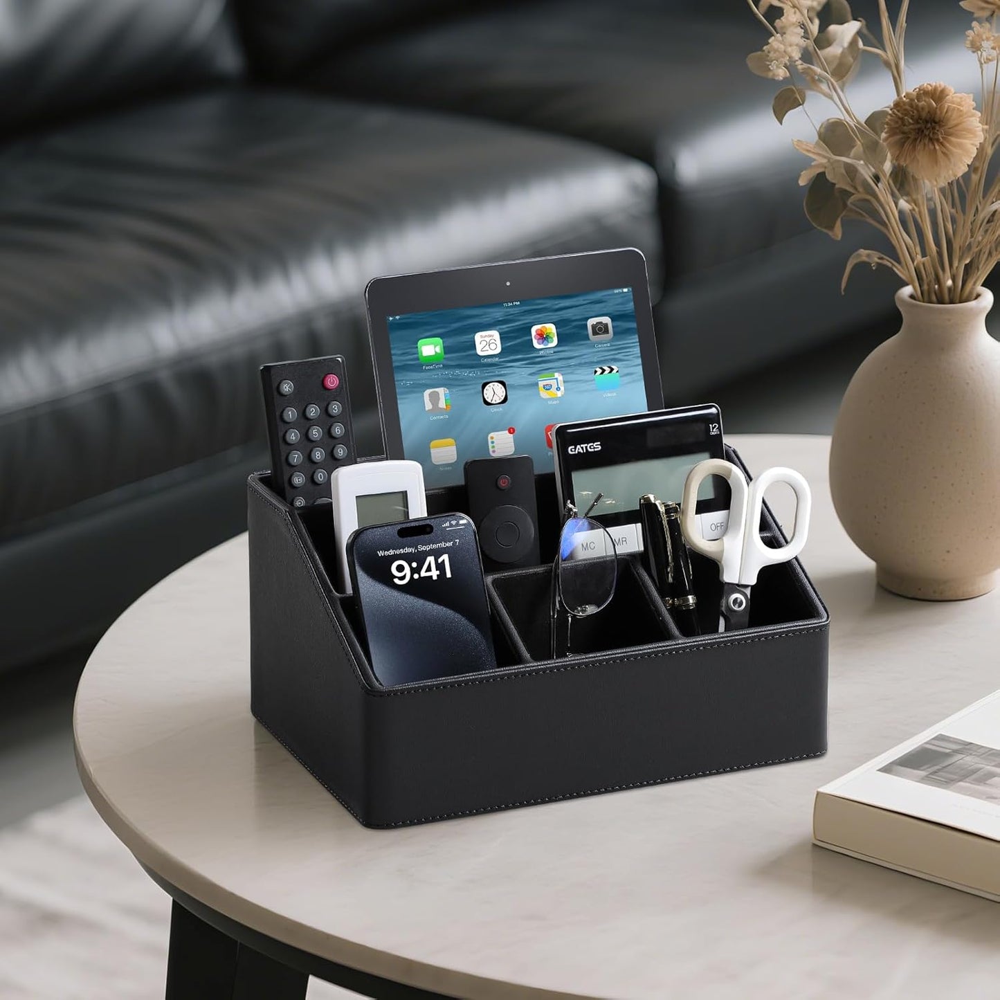 PU Leather Desk Organizer, Luxury Remote Control Holder for Home, Office Desk Accessories Table Caddy Bedside Nightstand Organizer (Black)