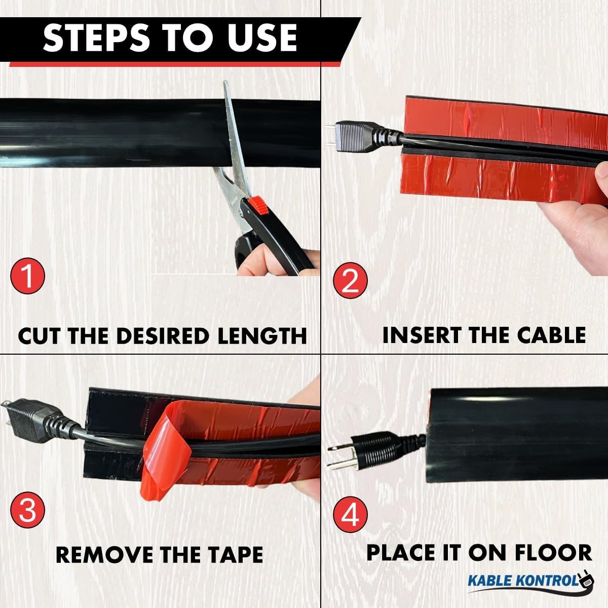 Kable Kontrol Silicone Floor Cord Cover - 5 Ft Flexible Cord Protector, Self Adhesive, for Concealing Extension Cable, Protecting Wires, Prevents Trips – 2.5in W X 0.5in H - 35 Pcs - Black