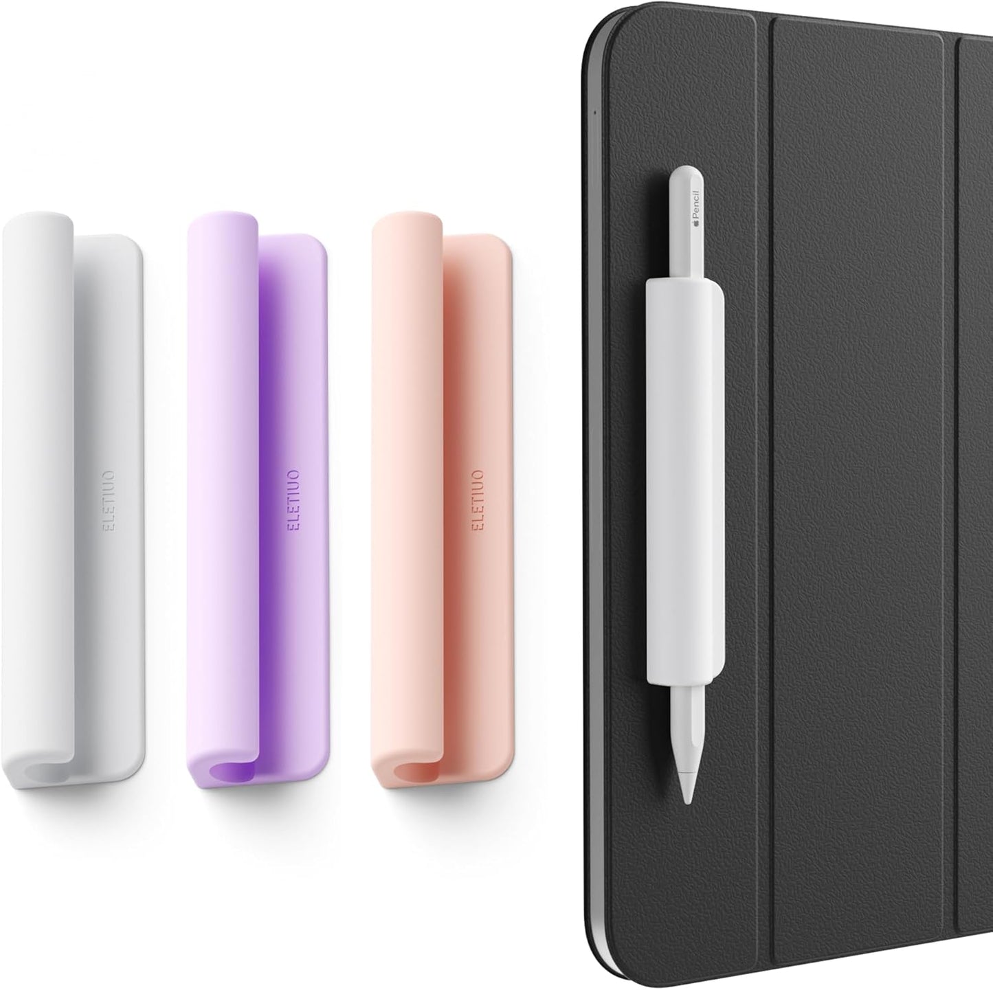 ELETIUO 3 Pack Silicone Pencil Holder Sleeve,Compatible with Apple Pencil (USB-C),Apple Pencil 1st/ 2nd Generation,Strong Adhesive Sticky Attached to iPad Case for Stylus Pens,White,Pink,Purple