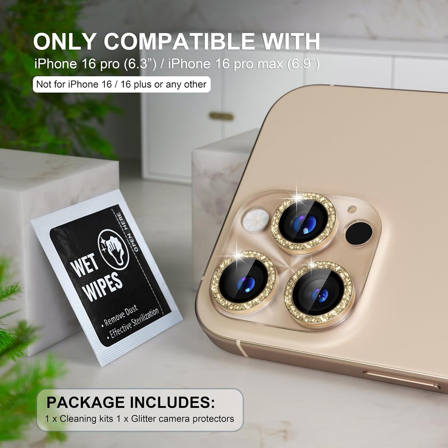 Choiche Compatible for iPhone 16 Pro/iPhone 16 Pro Max Camera Lens Protector, Bling Camera Cover with 9H Tempered Glass Lens Screen Protector Metal Ring Decoration Accessories (Clear-Titanium Desert)