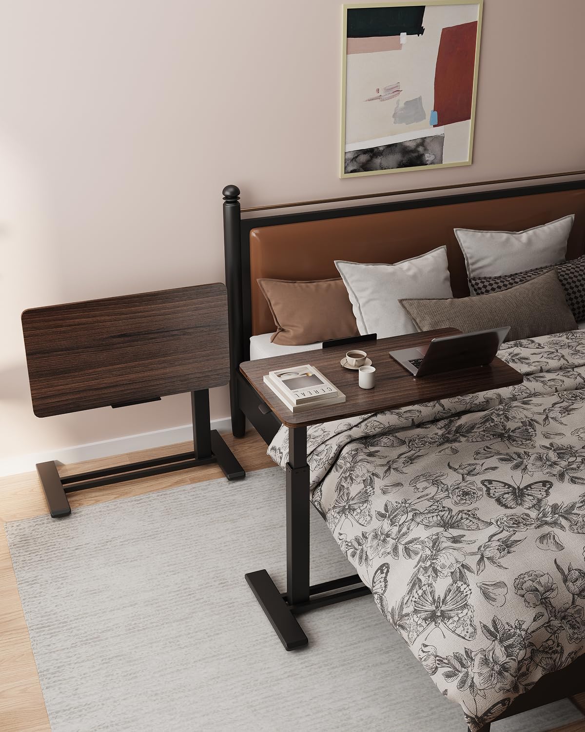 FLEXISPOT H7 PRO Mobile Standing Desk Adjustable Overbed Table Pneumatic with Wheels 90°Tiltable Portable Laptop Desk Rolling Computer Cart Foldable Bedside Table(27.6" W x 15.7" D, Rustic Brown)